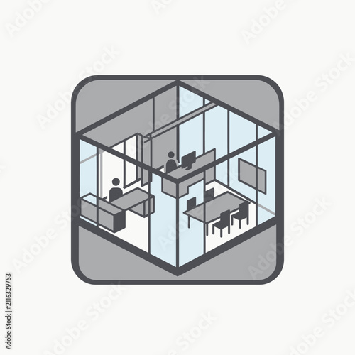 Isometric office interior workspace floor plan icon.