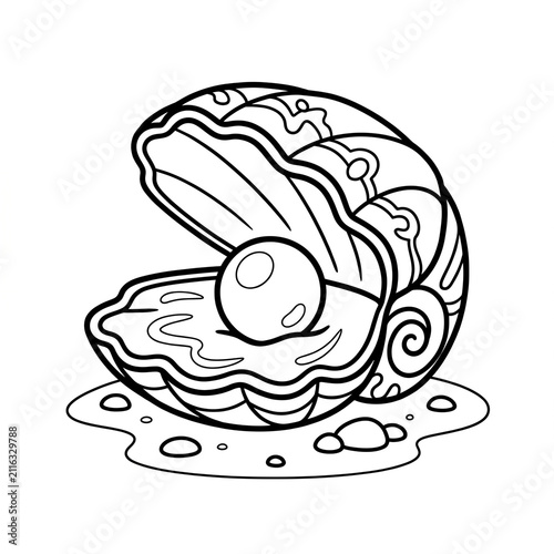 Open seashell with pearl and intricate designs on white background  
