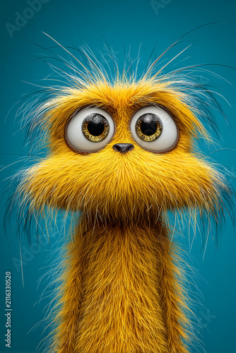 creature of ai, cute yellow furry alien with enormous eyes and long neck, studio portrait, teal, photorealistic