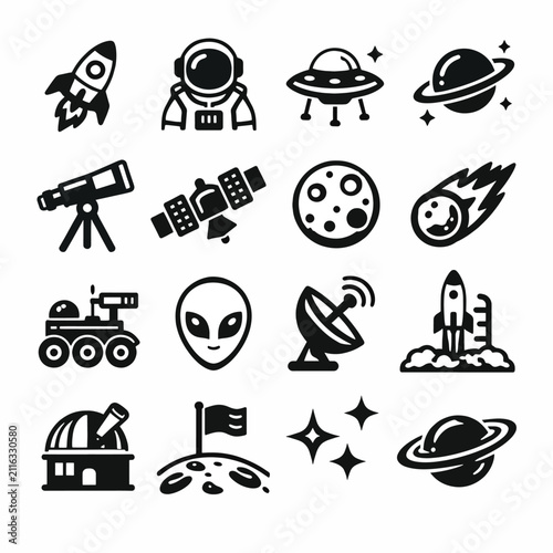 Space exploration icons set, astronomy symbols, black and white