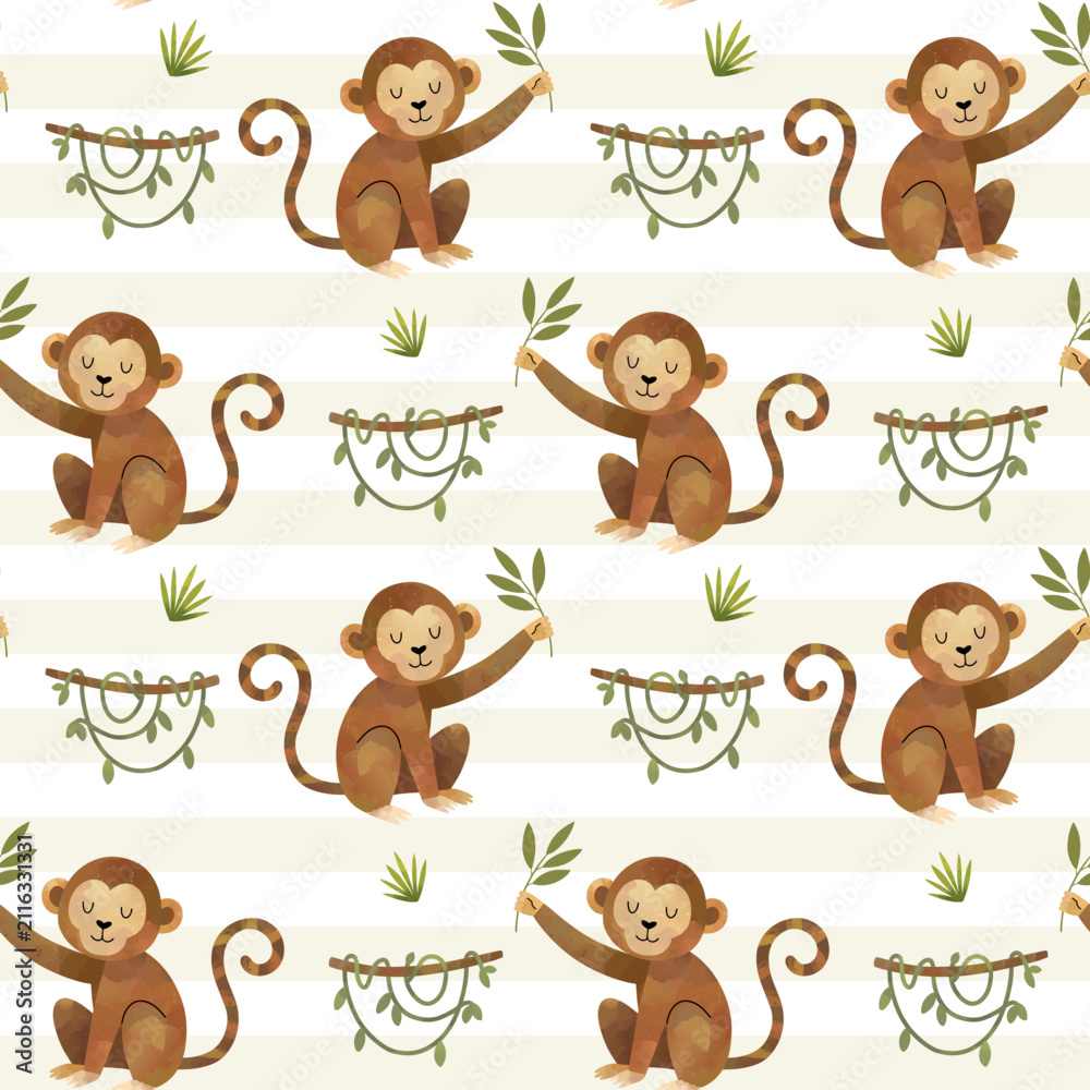 Naklejka premium Watercolor monkey seamless pattern. Cute background with monkey and liana. Hand painted animal print