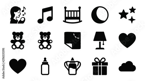 Cuadro en lienzo Baby Nursery Icons: Lullaby, Crib, Toys, Feeding, Stars, Moon, Gift, Heart