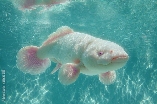 creature of ai, white-skinned albino merman fish swimming in turquoise water, teal, photorealistic