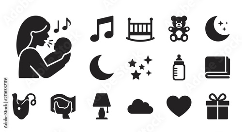 Fotografía Mother Singing Lullaby to Baby, Nursery Icons: Music, Crib, Teddy Bear, Moon, St