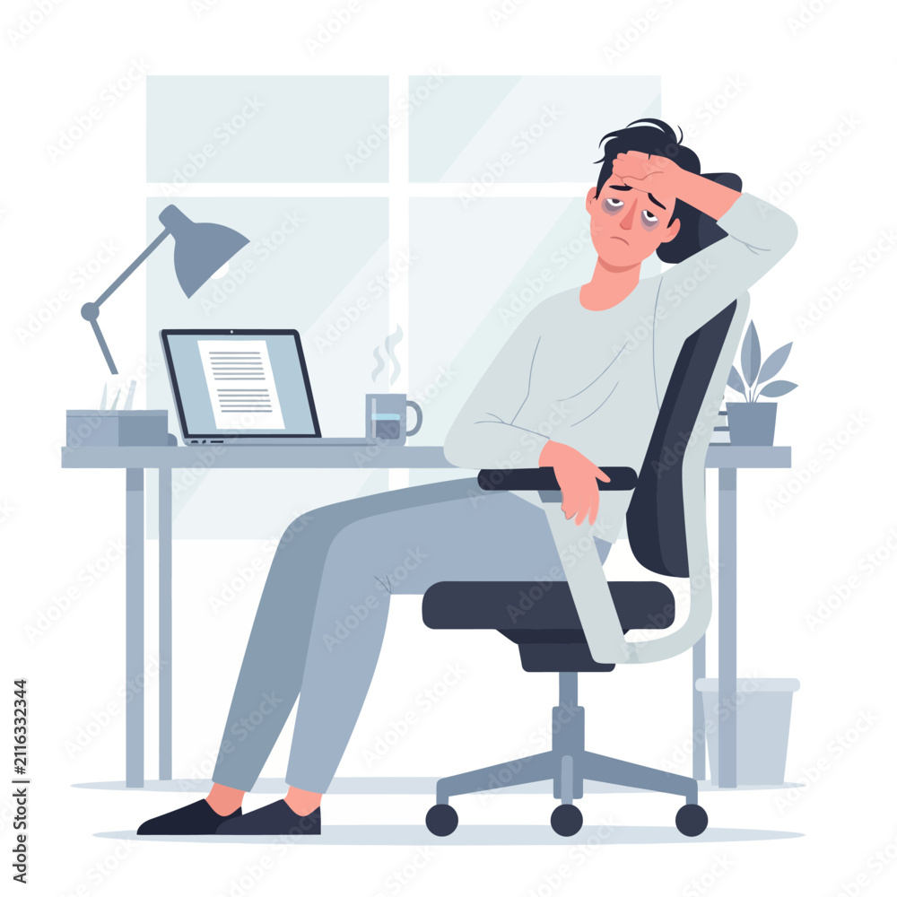 Fototapeta premium Exhausted Businessman Feeling Overwhelmed At His Desk Working Late Hours
