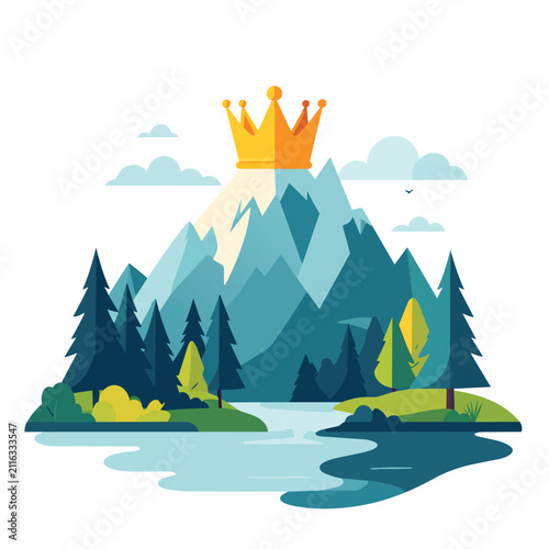 Golden Crown on Top of a High Mountain Peak with Pine Forest and River in Flat Vector Illustration