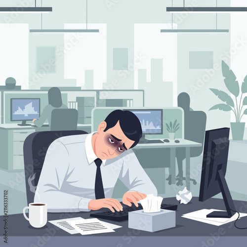 Exhausted Businessman Drained From Overwork Suffering Burnout In Modern Office Setting