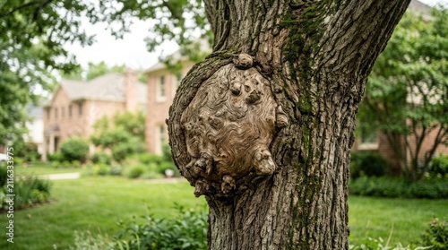 Close-up of a large burl on a mature tree trunk in a suburban garden.