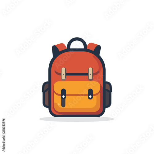 Flat Vector Illustration of a Bright Orange and Yellow Backpack for School or Hiking Isolated