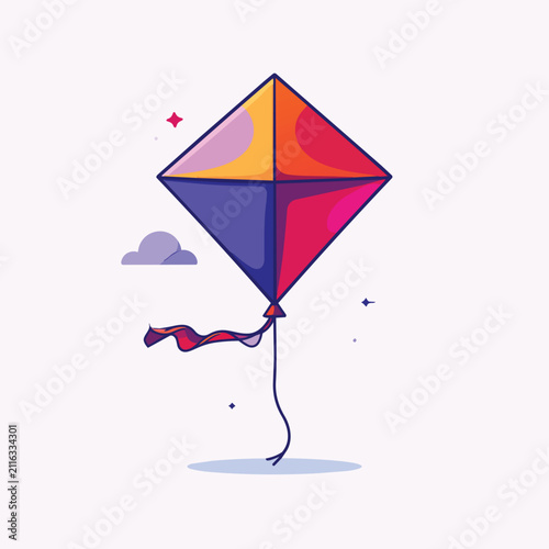 Vibrant Colorful Diamond Kite Flying in a Clear Sky with Clouds and Stars Flat Vector Illustration