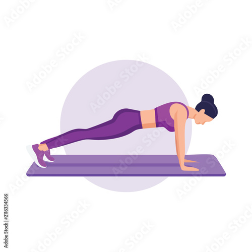 Young Woman Doing Plank Exercise on Yoga Mat Flat Illustration for Fitness and Healthy Lifestyle
