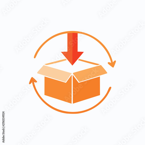 Orange Cardboard Box with Downward Red Arrow and Circular Rotation Symbol for Return or Logistics