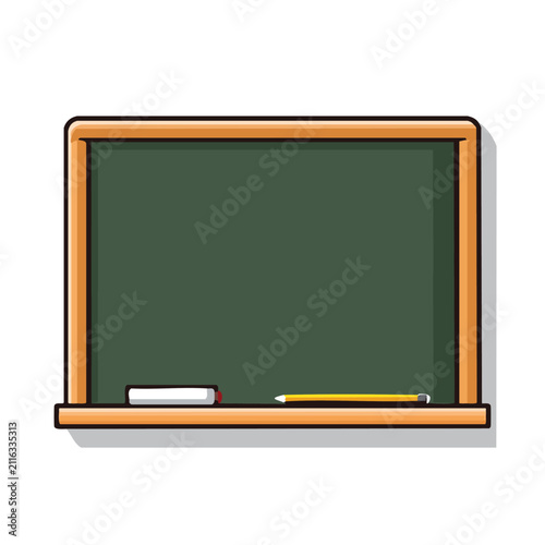 Blank Green Blackboard Illustration with Chalk and Pencil in Wooden Frame for Education Concept