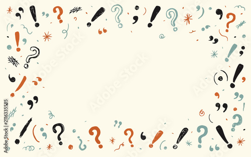 Vector illustration of hand drawn punctuation marks border frame with punctuation, question
