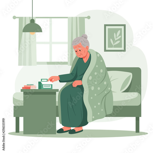 Elderly Woman Taking Medication At Her Bedside Table