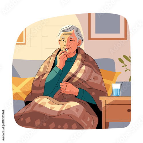 Elderly Woman Taking Medication Comfortably Wrapped In Blanket