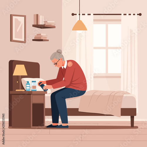 Elderly Woman Taking Medication Beside Bed In A Cozy Room