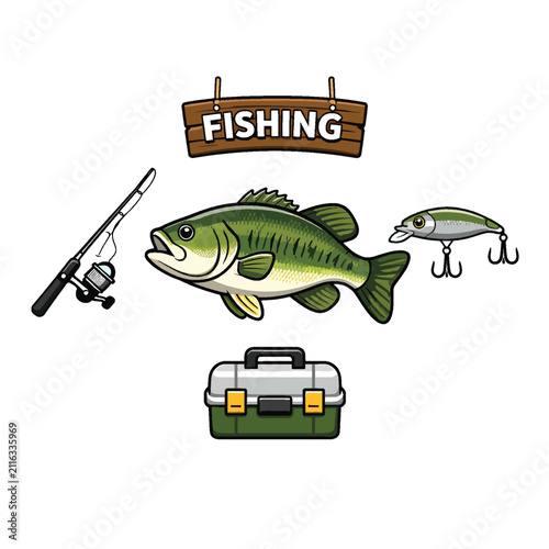 Fishing gear and bass fish illustration with tackle box and lure