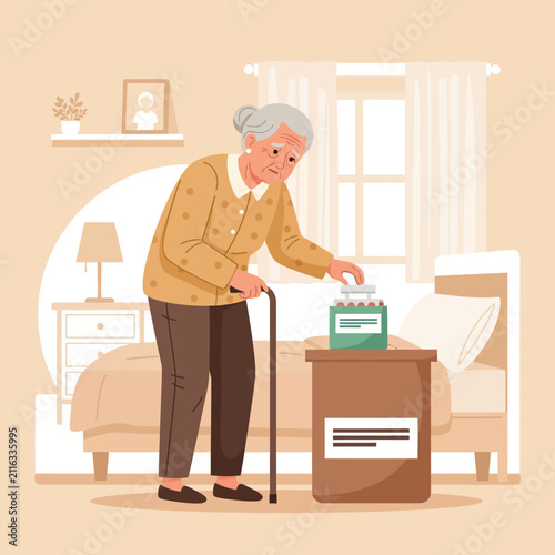 Elderly Woman Taking Medication In A Comfortable Bedroom Setting