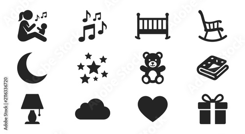 Fotografía Nursery Icons: Baby, Lullaby, Crib, Rocking Chair, Moon, Stars, Teddy Bear, Gift