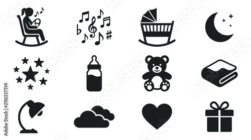 Fotografía Baby Care Icons: Lullaby, Cradle, Teddy Bear, Bottle, Night Light & More