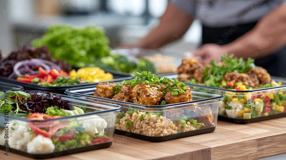 Obraz premium A person preparing healthy meals in clear containers on a wooden counter with fresh vegetables and protein