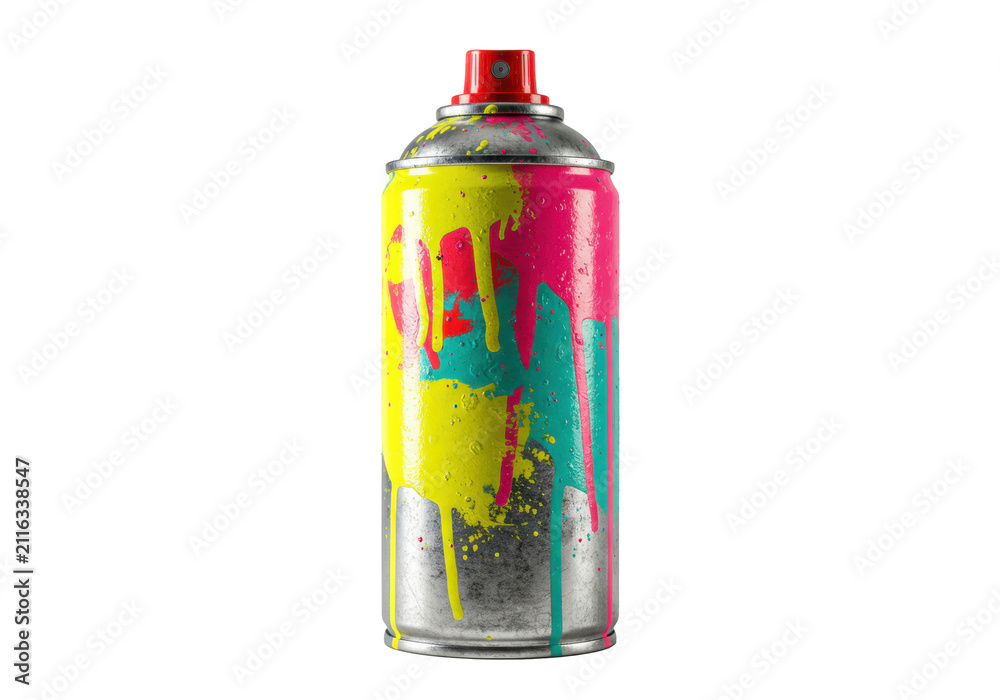 Fototapeta premium A hyperrealistic close-up of an industrial spray paint can, heavily crusted with dripping fluorescent pink, yellow, and teal paint against a transparent studio backdrop. Concept of street art