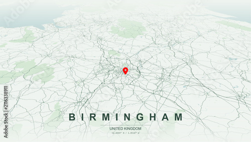 Minimalist vector map of Birmingham, England. High-quality scalable illustration of Birmingham geographic boundaries along Grand Union Canal and Birmingham Canal Navigations for posters design.