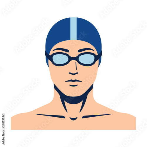 Swimmer wearing blue goggles and cap