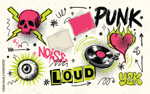 Vector illustration of y2k punk sticker collage with skulls lightning eye and vinyl record, colorful