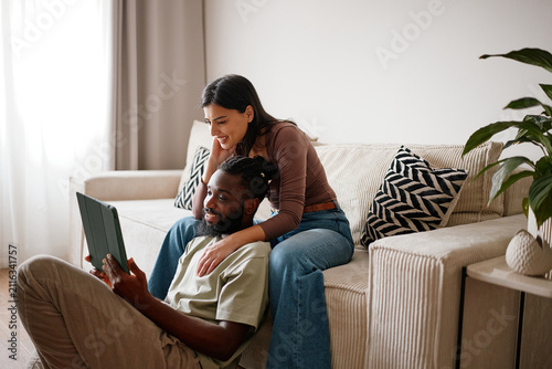 Couple searching holiday destinations