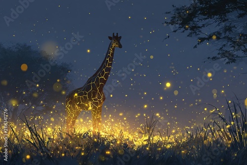 giraffe surrounded by glowing fireflies