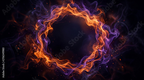 Halloween fire ring background. Abstract orange and purple smoke circle on black backdrop.