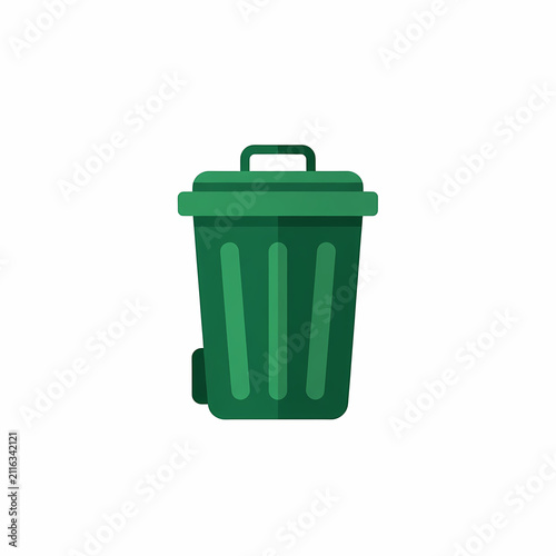A green plastic container used for the storage of household refuse and recyclable materials which sits upright and features a sturdy handle on the lid for easy movement in residential street