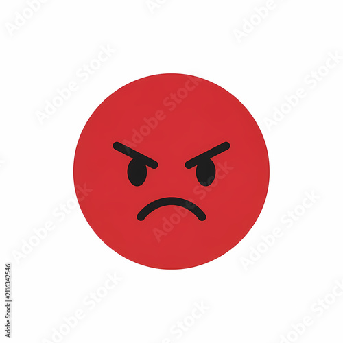 A round red circular face displaying an angry expression with furrowed eyebrows and a frown representing frustration and strong negative emotions used for online communication and digital