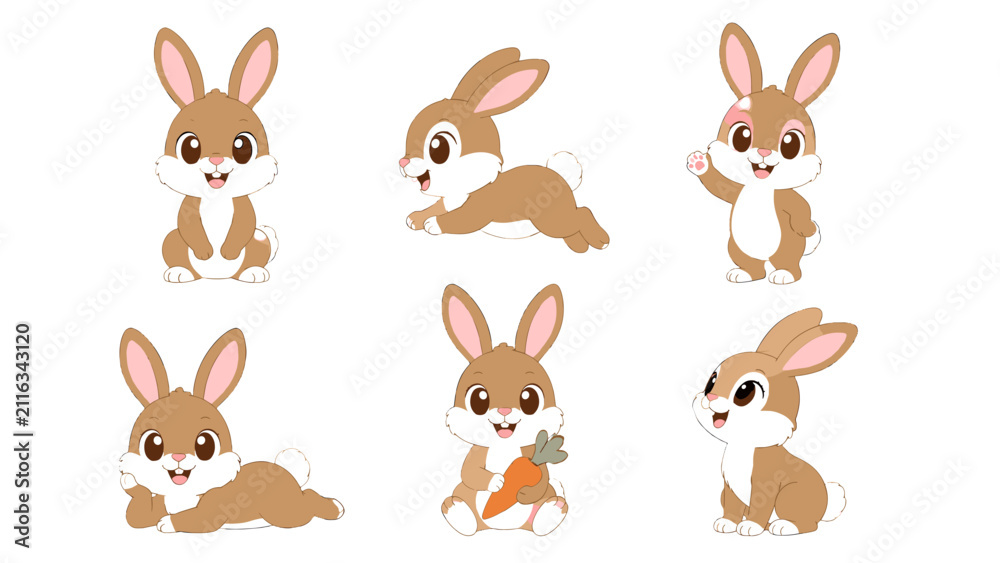 Obraz premium Cute cartoon rabbit character set in different poses on white