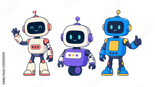 Foto Cute cartoon robot character set with three colorful bots