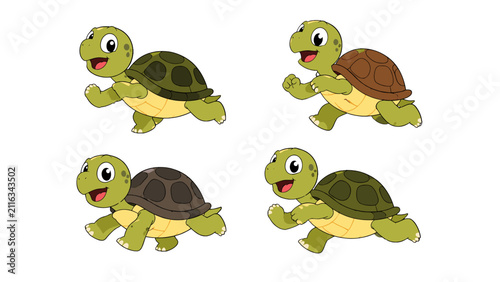 Set of four smiling cartoon turtles in running poses