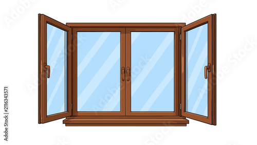 Fotografie Brown wooden window with open side casement panels vector