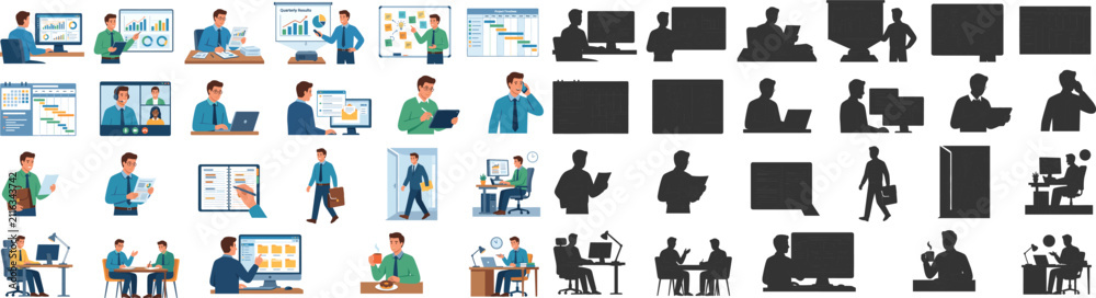 Fototapeta premium Business People Office Workflow Character Collection with Professional Workplace Activities and Silhouette Set