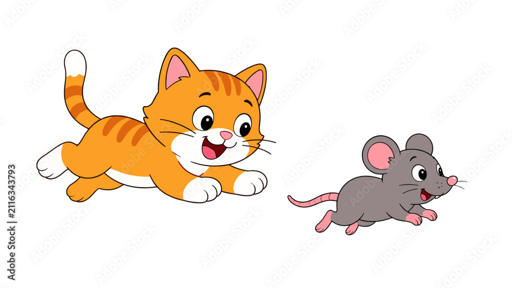 Fototapeta premium Cartoon orange cat chasing a small gray mouse