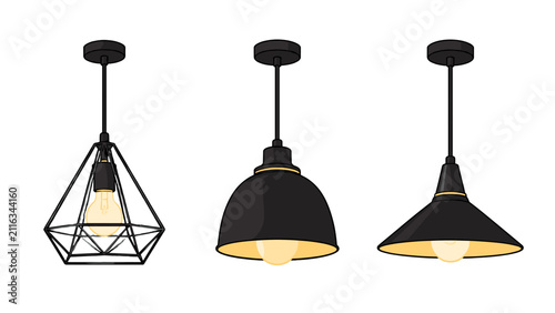 Foto Set of three black pendant ceiling lamps in vector style