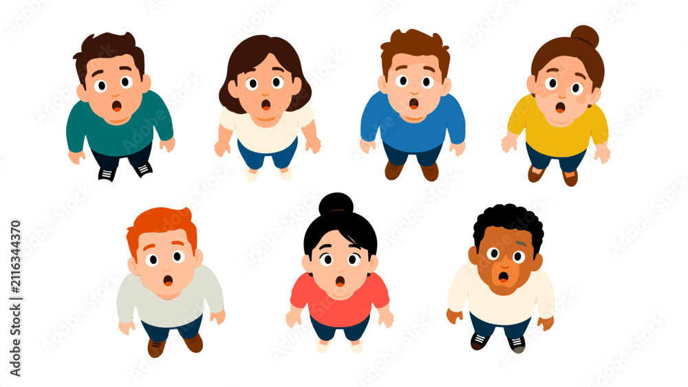 Obraz premium Cartoon men and women looking up from top view set