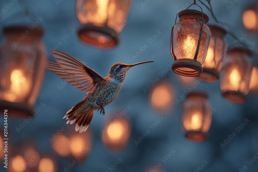 Obraz premium hummingbird surrounded by floating lanterns