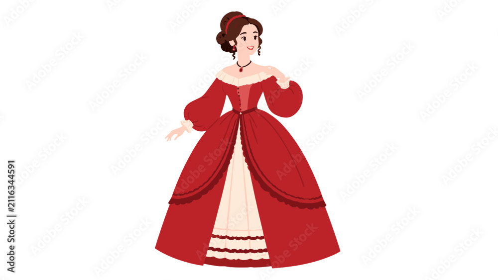 Fototapeta premium Elegant woman in red historical gown vector illustration
