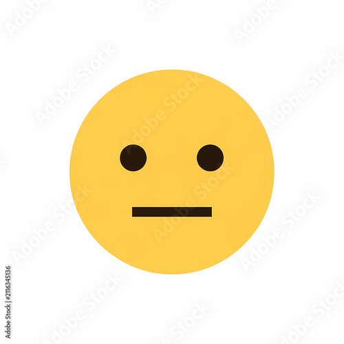 Yellow circular face shape conveying a neutral facial expression with two dark round eyes and a flat line mouth representing indifference or lack of interest in communication for digital