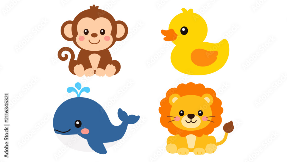 Obraz premium Cute cartoon animal set with monkey duck whale and lion