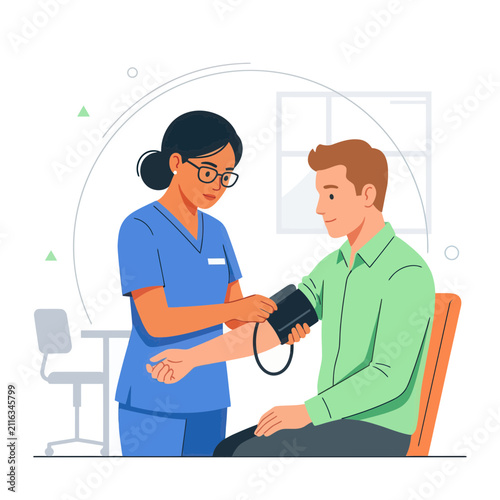 Nurse checks patient's blood pressure in a modern clinic, vector illustration
