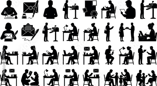 Obraz na płótnie Set of silhouettes of people writing letters, working at desks, and using mail s