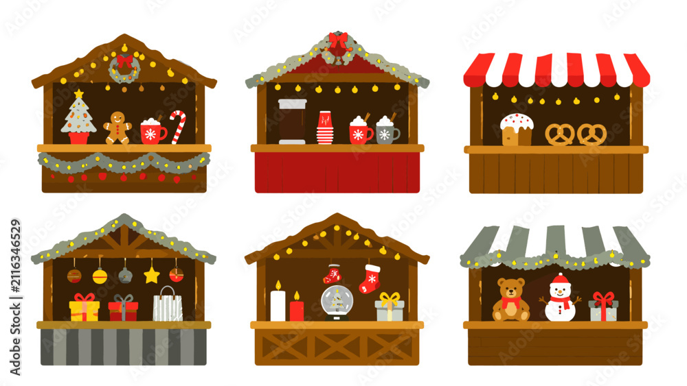 Obraz premium Set of festive market stalls with winter holiday decorations